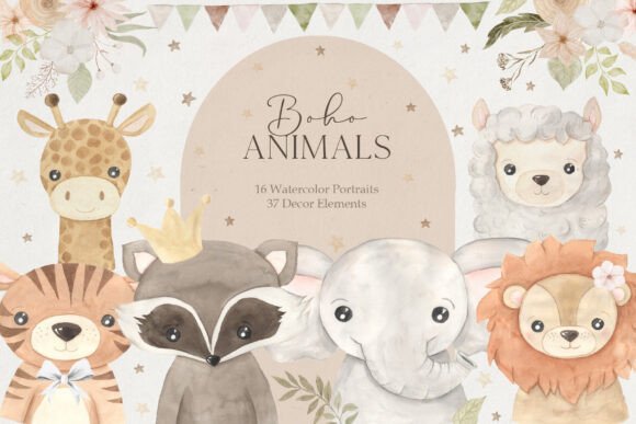 Download Boho Animal Portraits Watercolor Clipart - Portraits Collection